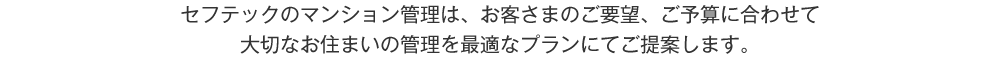 セフテックのマンション管理は、お客さまのご要望、ご予算に合わせて大切なお住まいの管理を最適なプランにてご提案します。